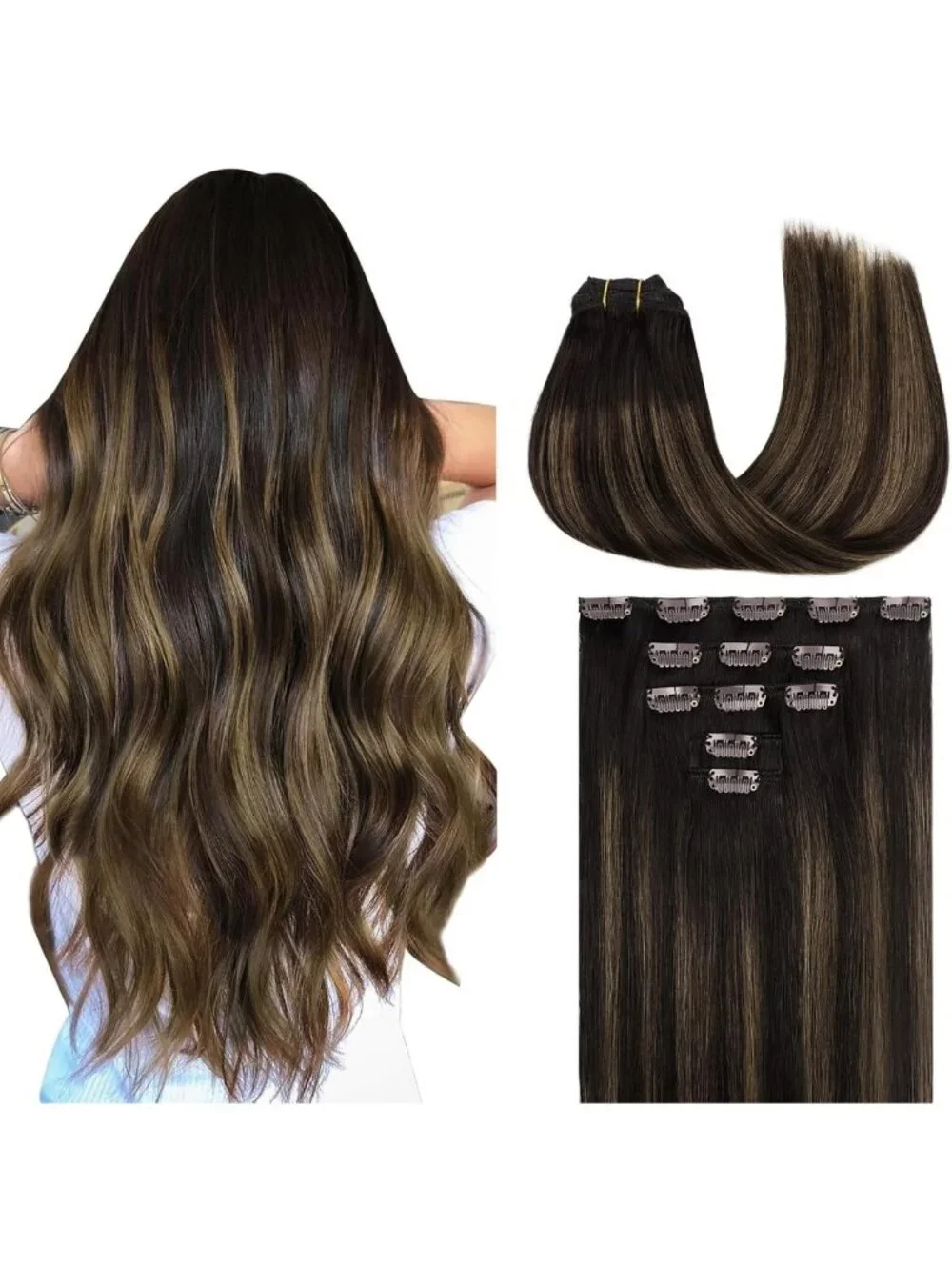 Natural Looking Clip-In Hair Extensions for Volume, 16 Inch, Dark Brown